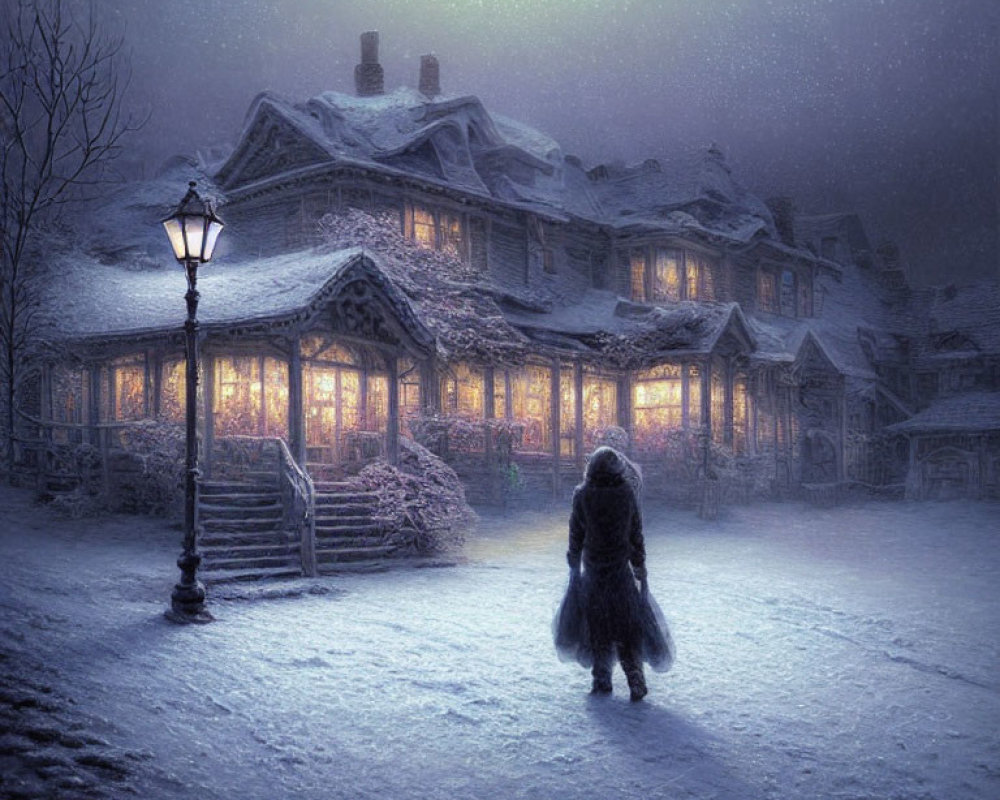 Cloaked Figure Approaches Snow-Covered Cottage at Twilight