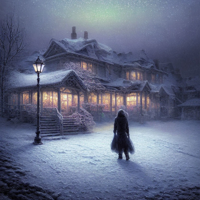 Cloaked Figure Approaches Snow-Covered Cottage at Twilight