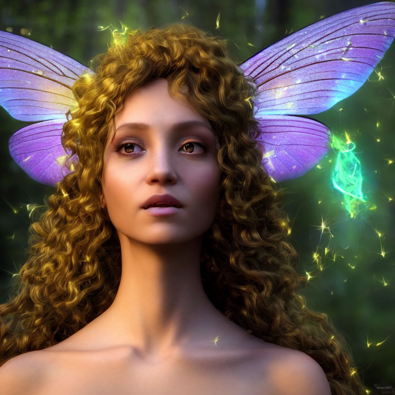 Curly-haired woman with purple fairy wings in enchanted forest scene