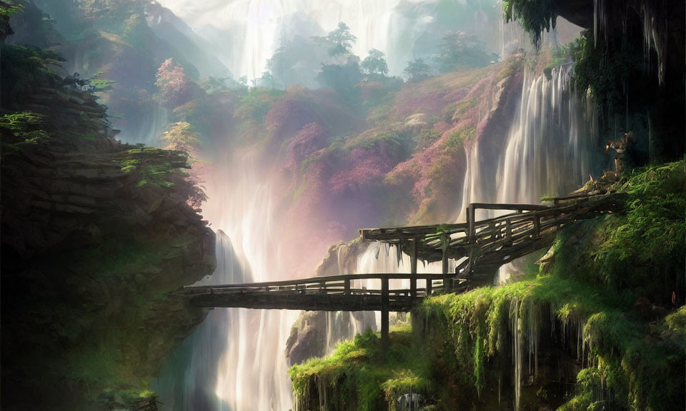 Wooden bridge over lush chasm with waterfalls and vibrant foliage