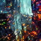 Neon-lit cyberpunk cityscape with towering skyscrapers in the rain