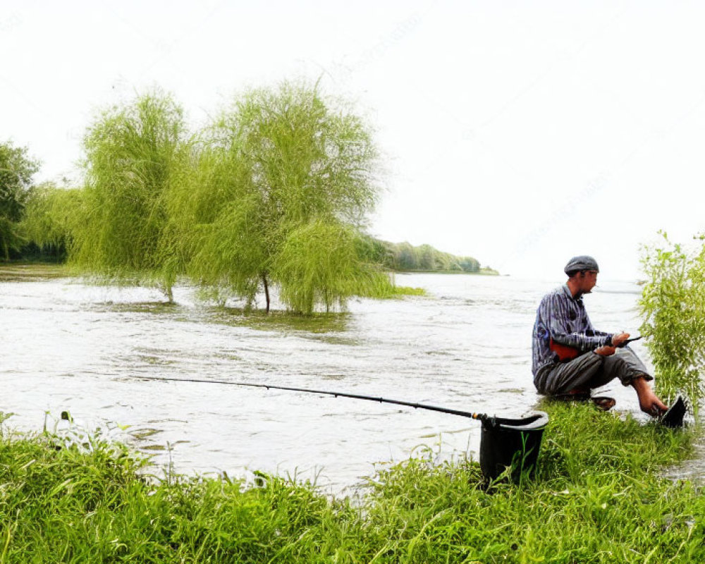 Person fishing by lush riverbank on overcast day