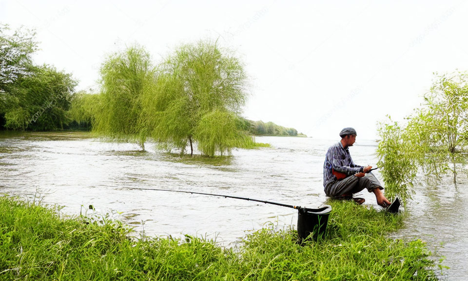 Person fishing by lush riverbank on overcast day