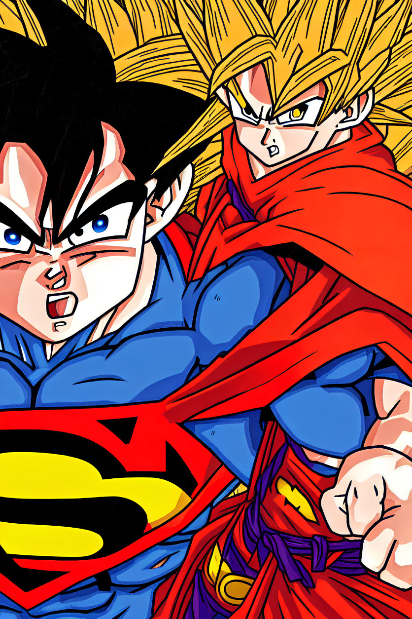 Powerful Super Saiyan Goku and Superman in flight, determined expressions.