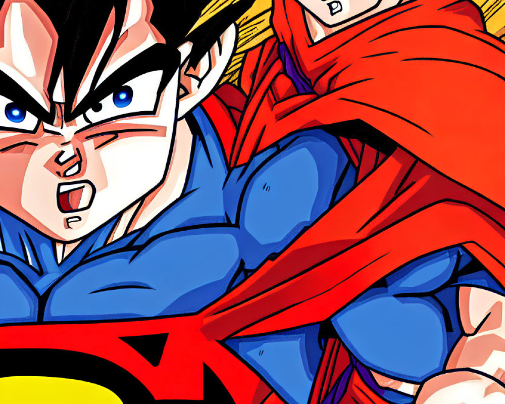 Powerful Super Saiyan Goku and Superman in flight, determined expressions.