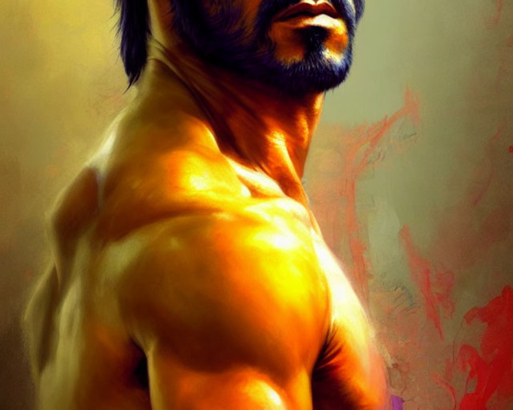 Muscular man with iconic facial hair in digital portrait