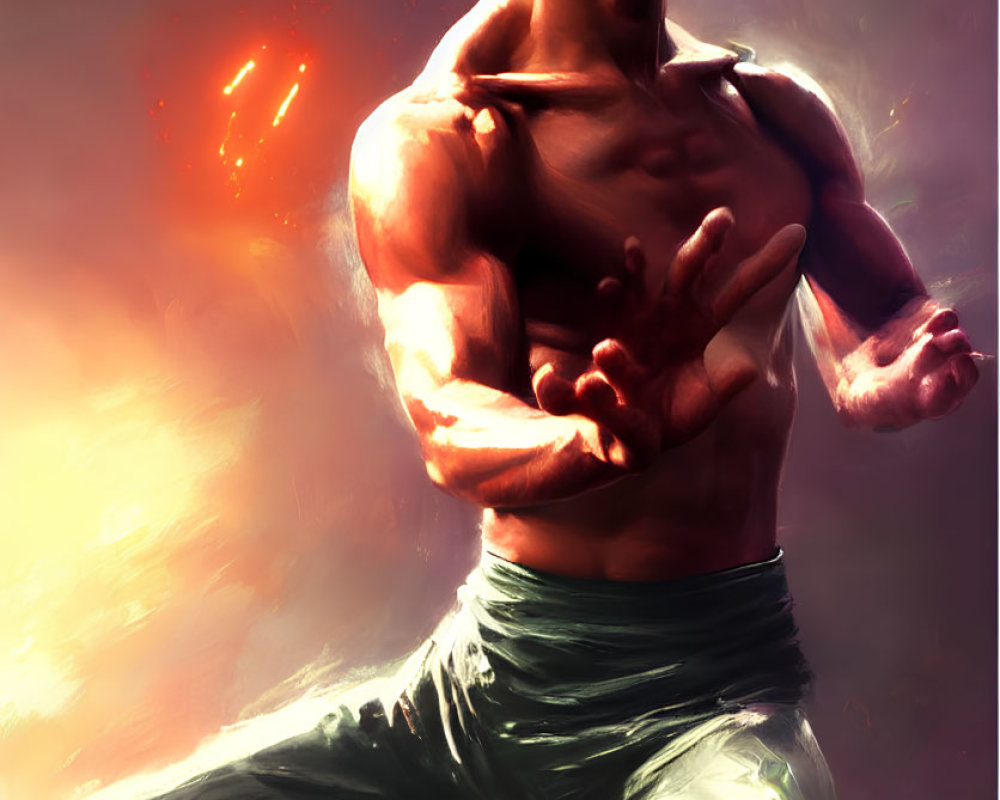 Muscular Man in VR Glasses Strikes Martial Arts Pose in Glowing Setting