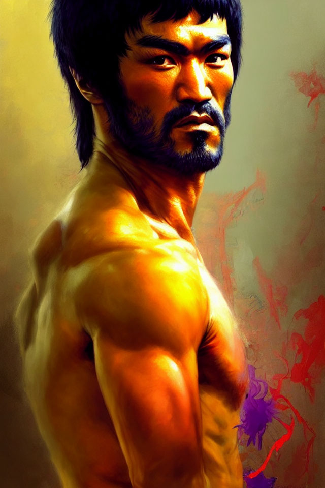 Muscular man with iconic facial hair in digital portrait