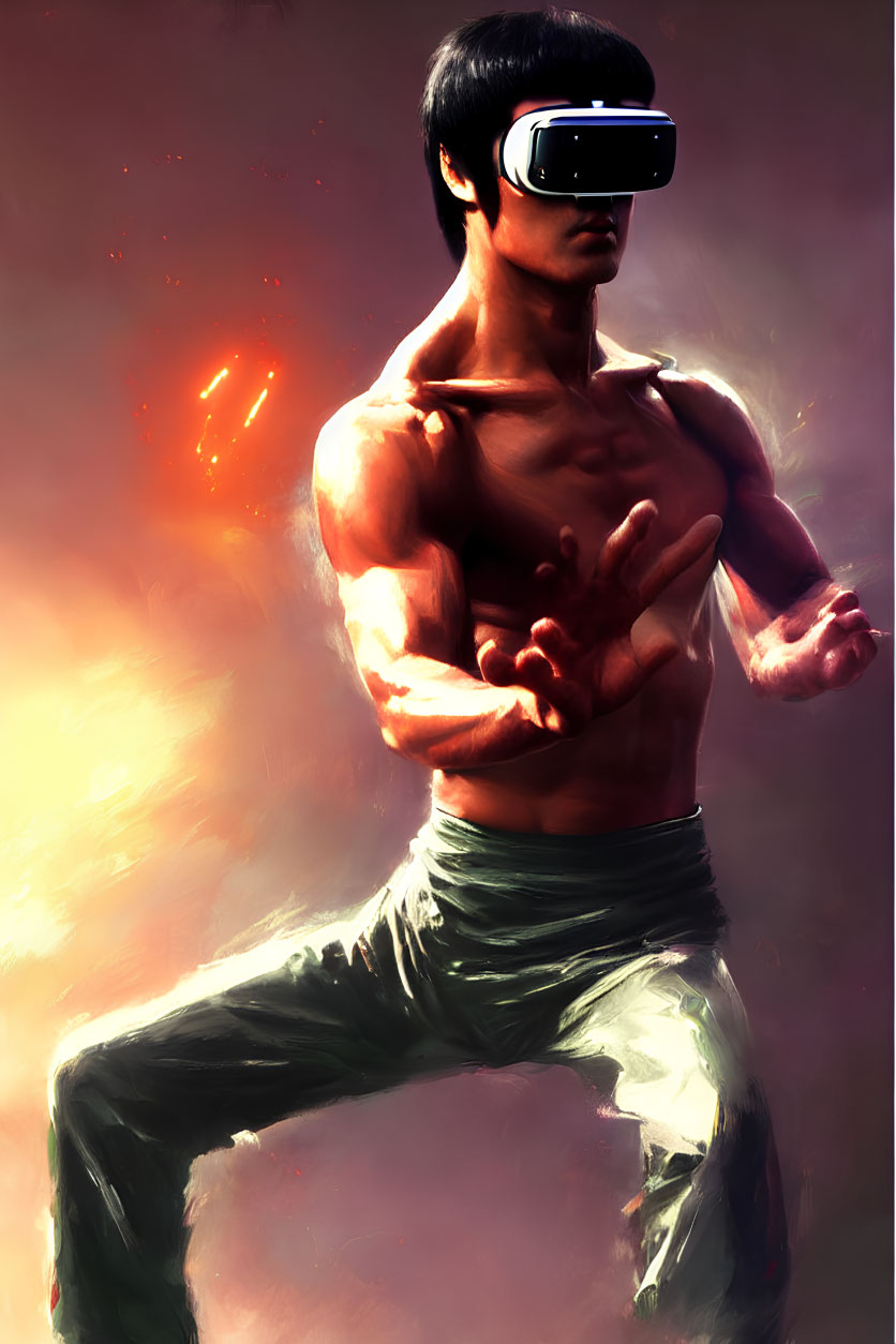 Muscular Man in VR Glasses Strikes Martial Arts Pose in Glowing Setting