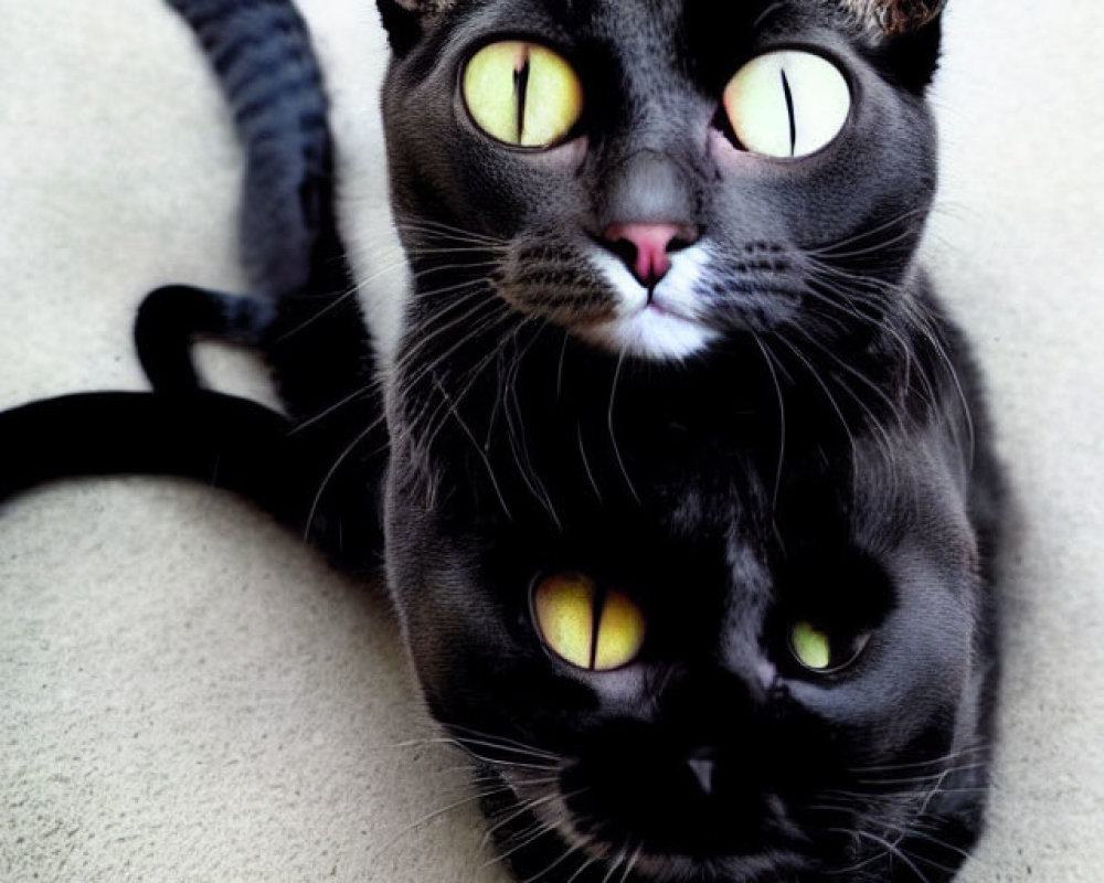 Black Cat with Yellow Eyes Resting on Green Carpet