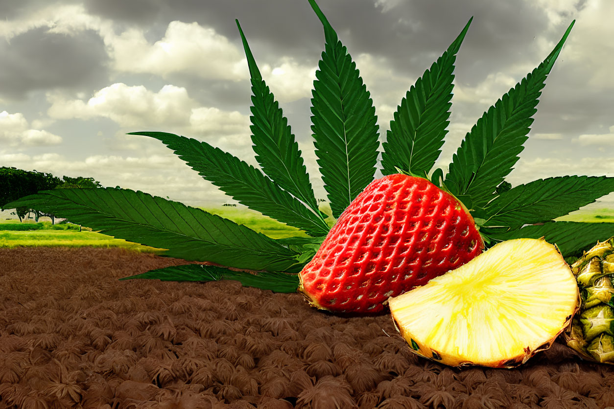 Colorful cannabis leaf with ripe strawberry and pineapple on farm field backdrop