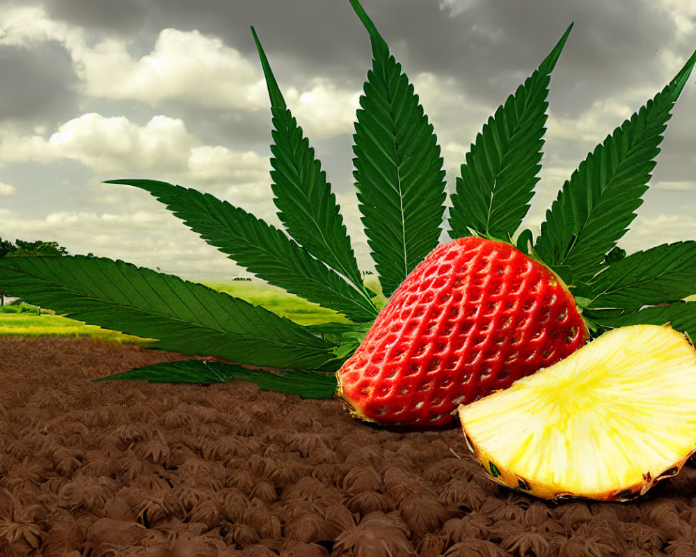 Colorful cannabis leaf with ripe strawberry and pineapple on farm field backdrop