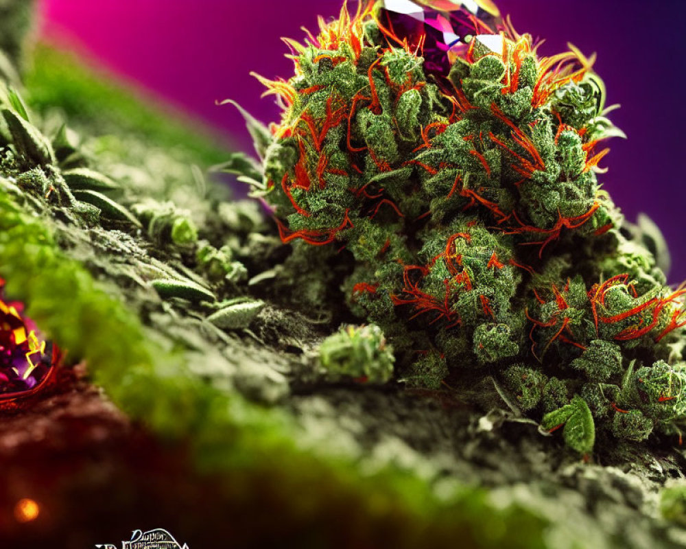 Close-up of crystalline substance and cannabis bud with orange hairs on purple and green background