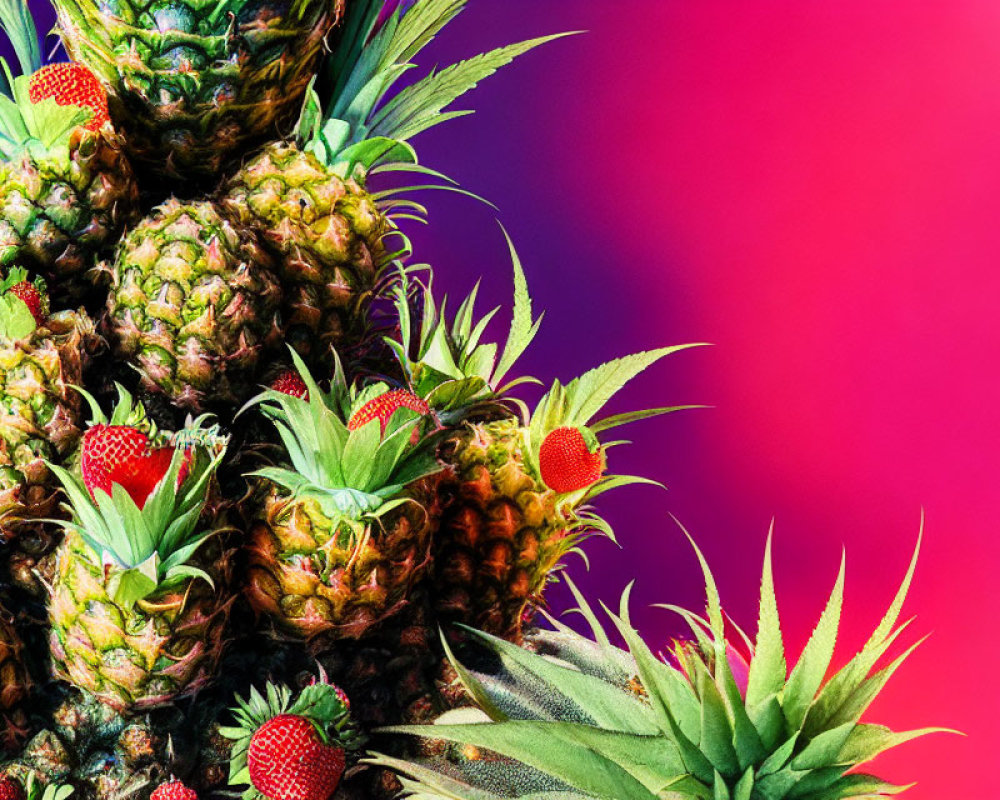 Colorful Pineapples and Strawberries on Pink and Purple Background