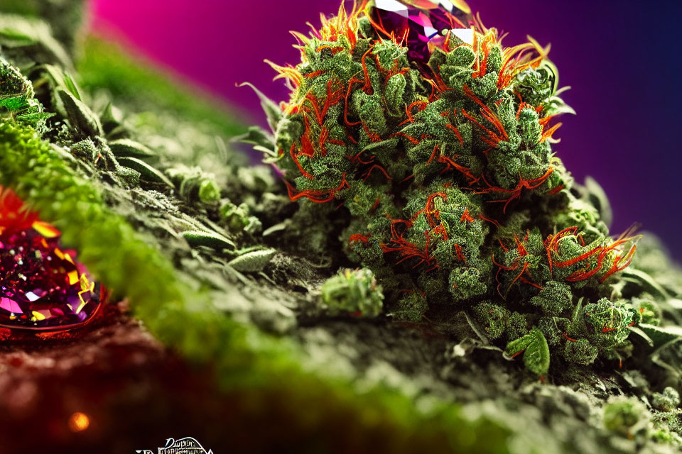 Close-up of crystalline substance and cannabis bud with orange hairs on purple and green background