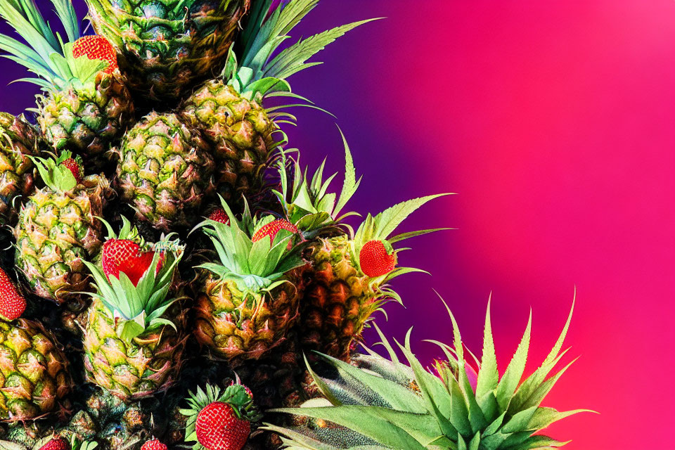 Colorful Pineapples and Strawberries on Pink and Purple Background