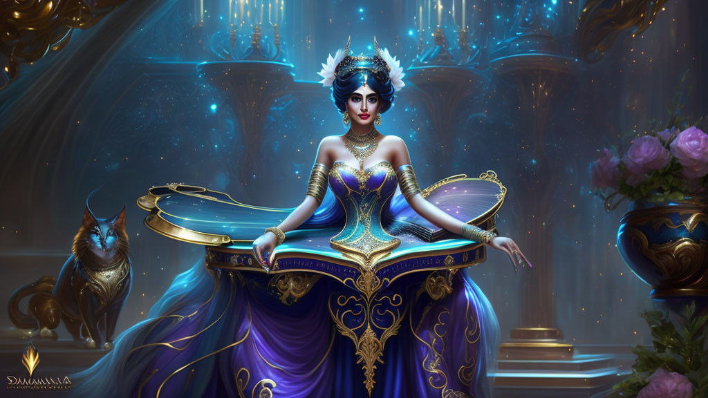 Regal woman in blue and gold gown with owl in luminous palace