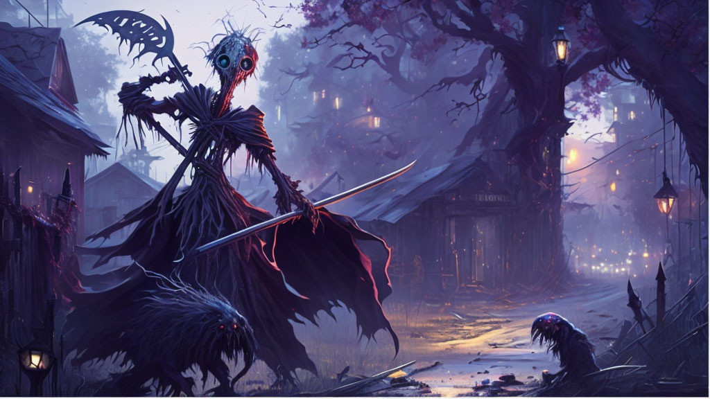 Dark winged creature with sword in eerie village setting.