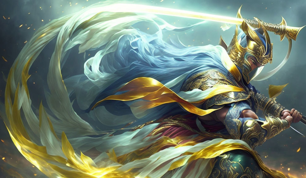 Majestic warrior in golden armor wields glowing sword against dramatic backdrop