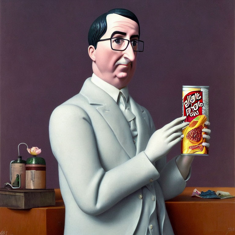 Stylized illustration of man in grey suit with "JUGGLO" beans can