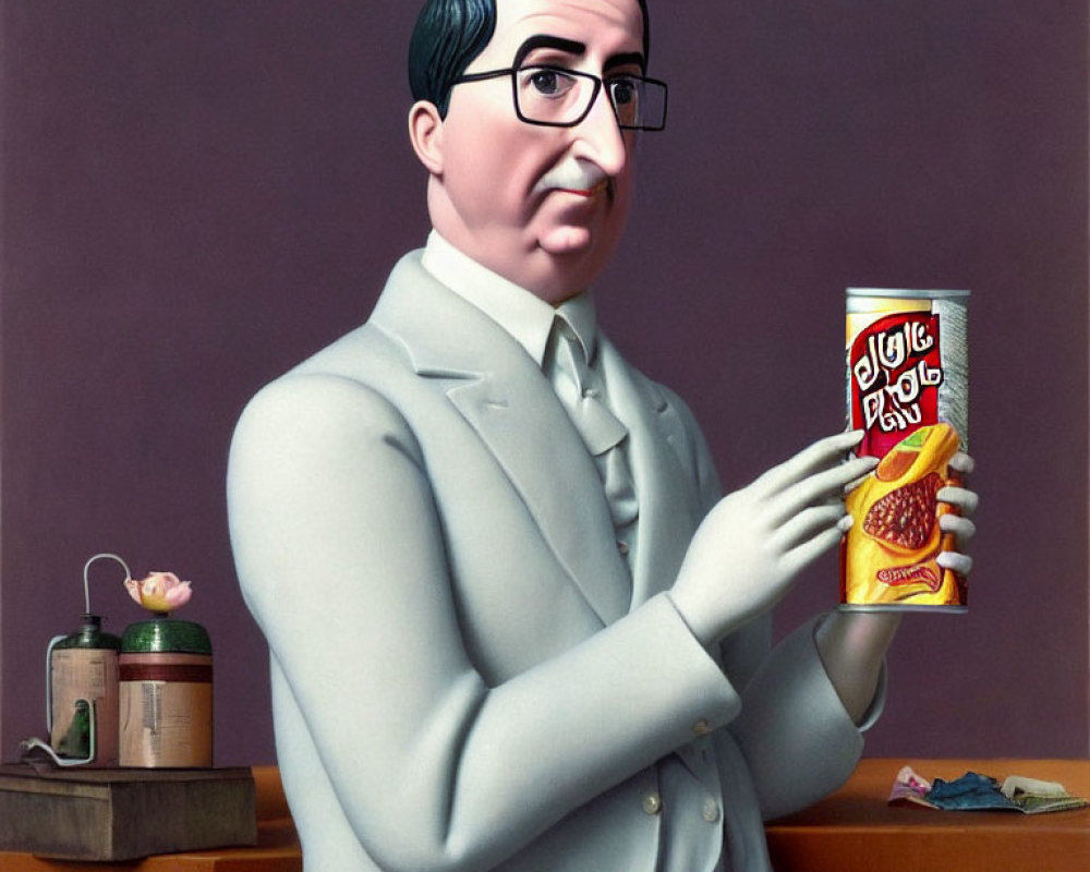 Stylized illustration of man in grey suit with "JUGGLO" beans can