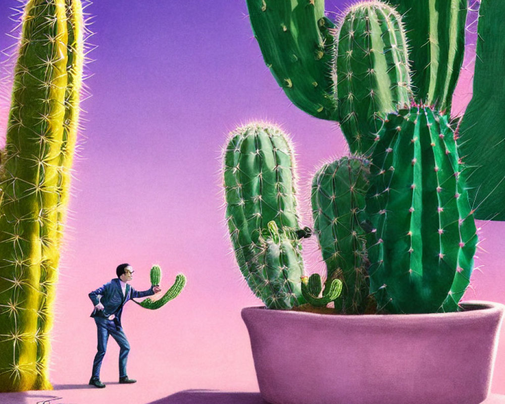 Man in suit shakes hands with anthropomorphic cactus under purple sky