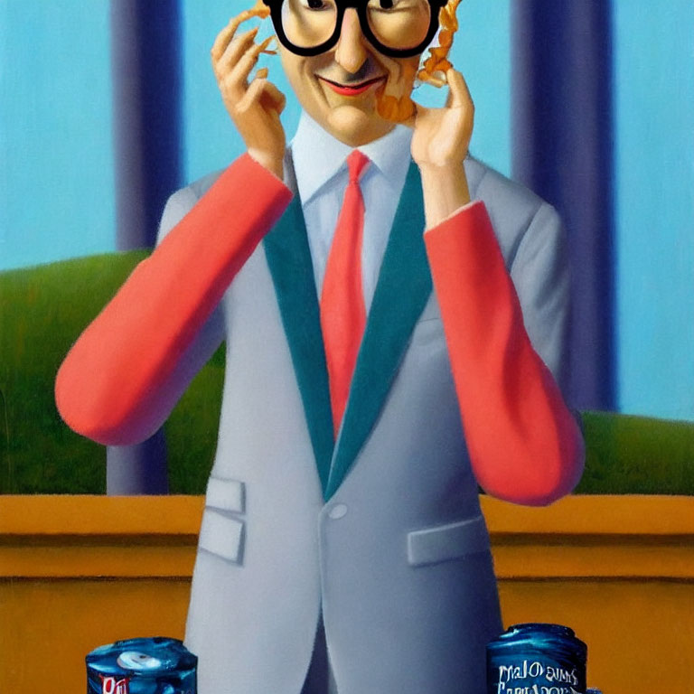 Colorful painting of man with pretzel glasses, phone, and drink cans