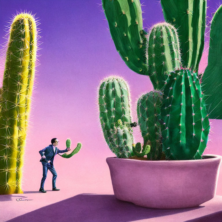 Man in suit shakes hands with anthropomorphic cactus under purple sky