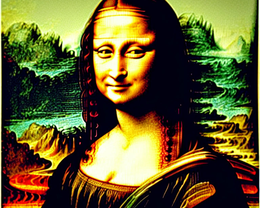 Color-Contrasted Mona Lisa with Enigmatic Smile and Stylized Background