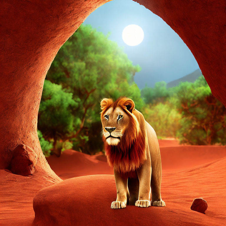 Majestic lion under rock arch with bright moon, red sands, and distant greenery