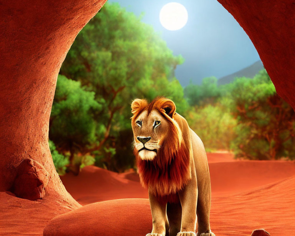 Majestic lion under rock arch with bright moon, red sands, and distant greenery