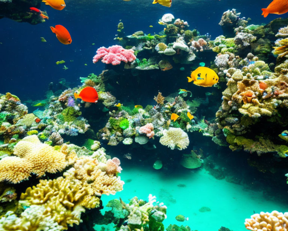 Colorful Fish and Diverse Coral in Vibrant Underwater Scene