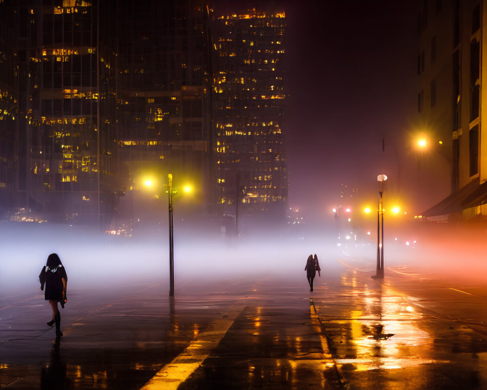 Foggy urban street at night with silhouetted people and illuminated skyscrapers