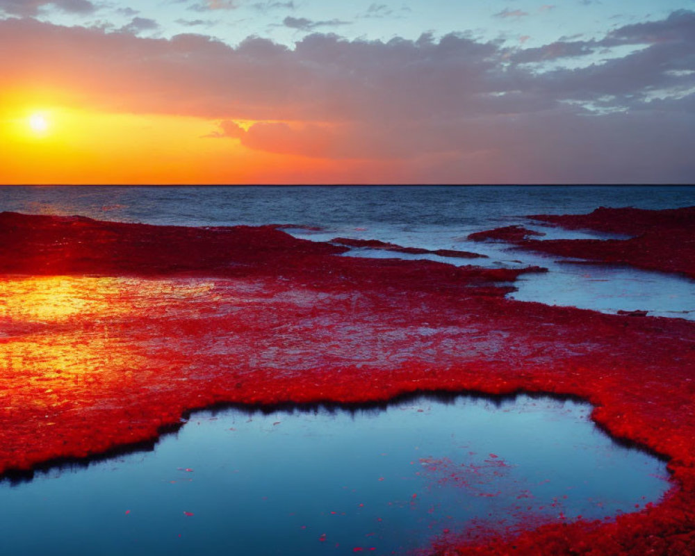 Vibrant Coastal Sunset with Red Algae Bloom Reflections