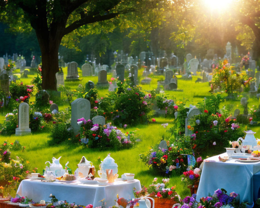 Sunlit outdoor tea setup with elegant tableware and flowers by peaceful cemetery