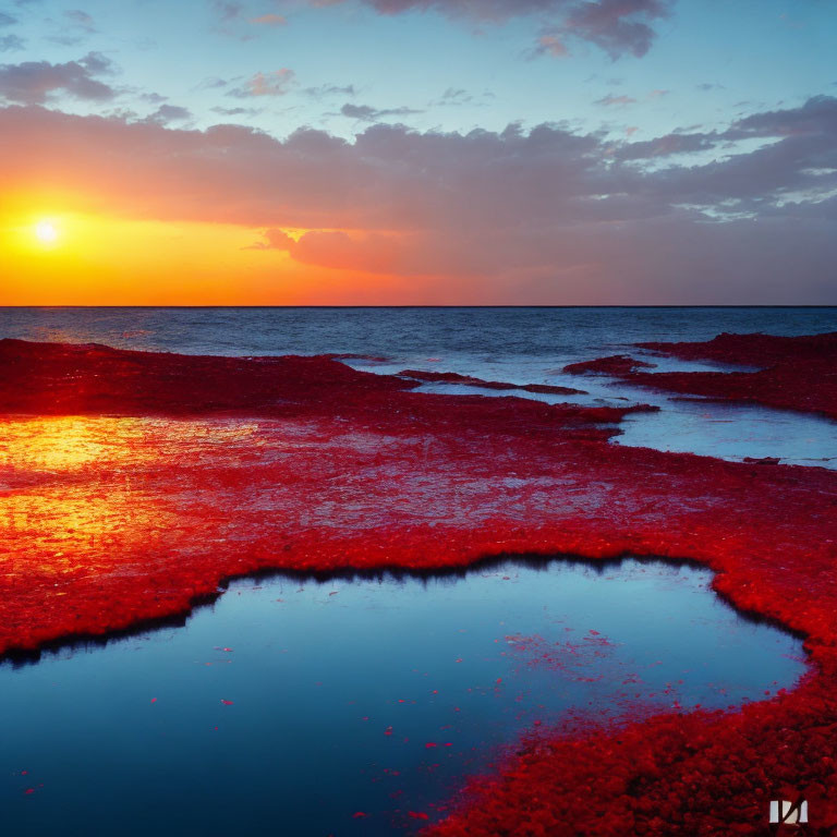 Vibrant Coastal Sunset with Red Algae Bloom Reflections