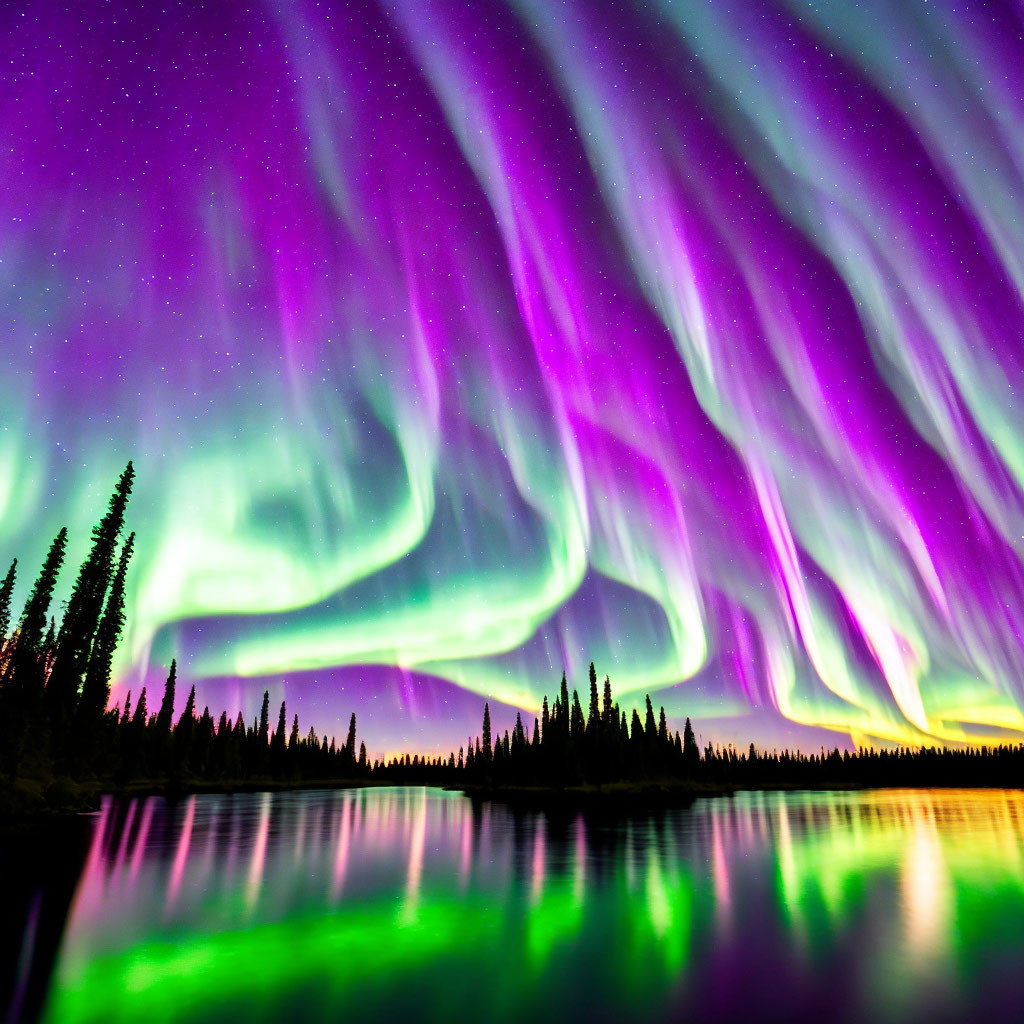 Majestic Aurora Borealis Over Tranquil Forest Lake