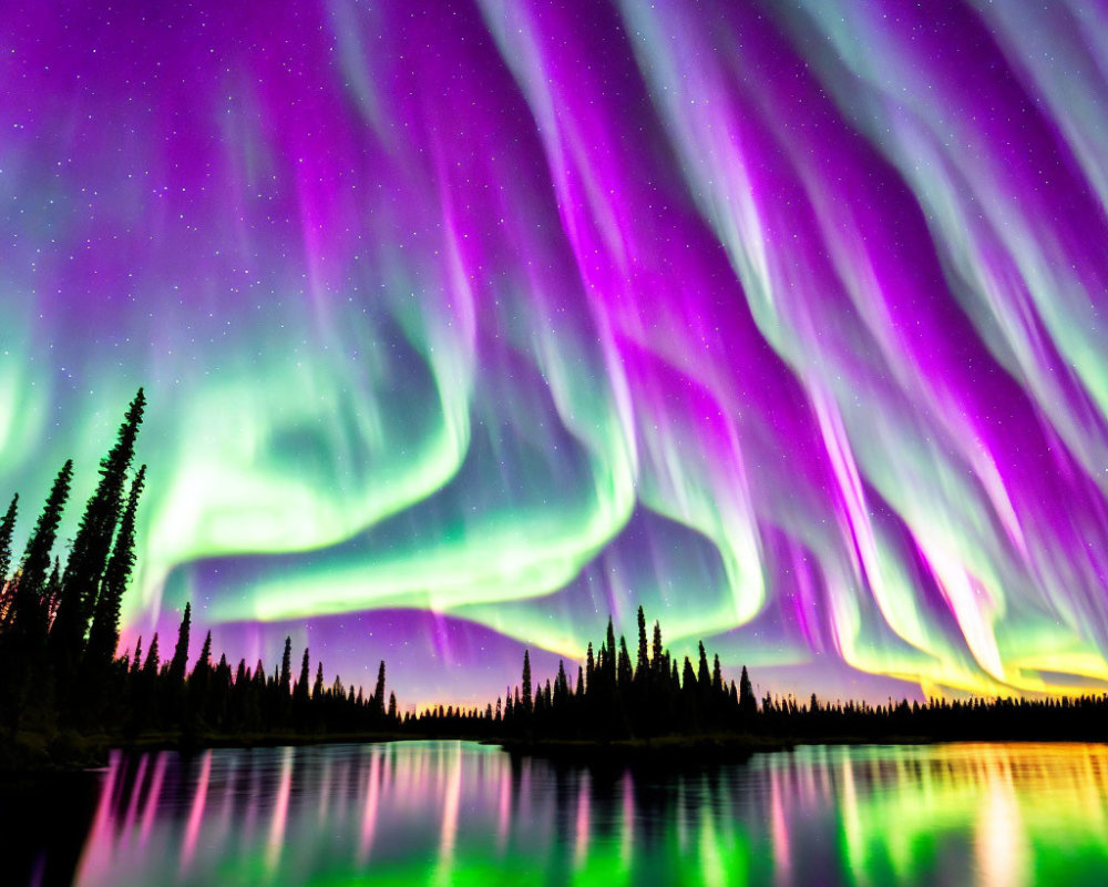 Majestic Aurora Borealis Over Tranquil Forest Lake