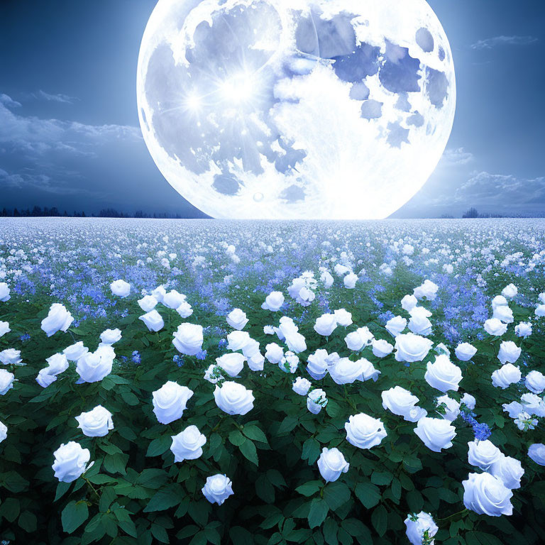 Surreal landscape with white roses under bright moon & blue night sky