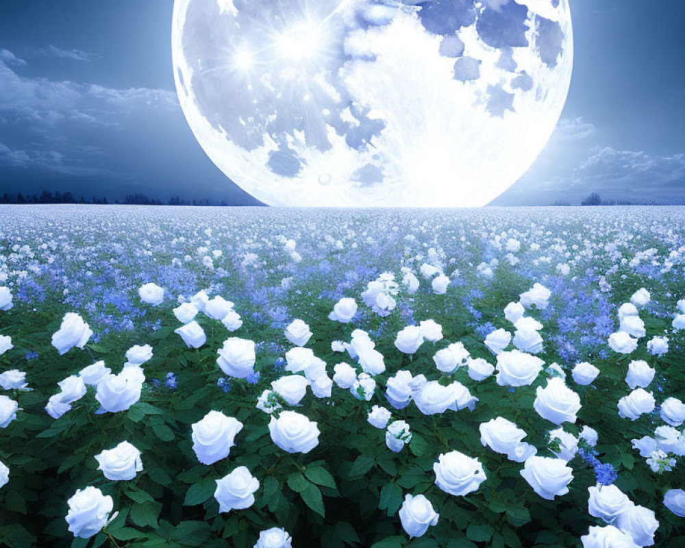 Surreal landscape with white roses under bright moon & blue night sky