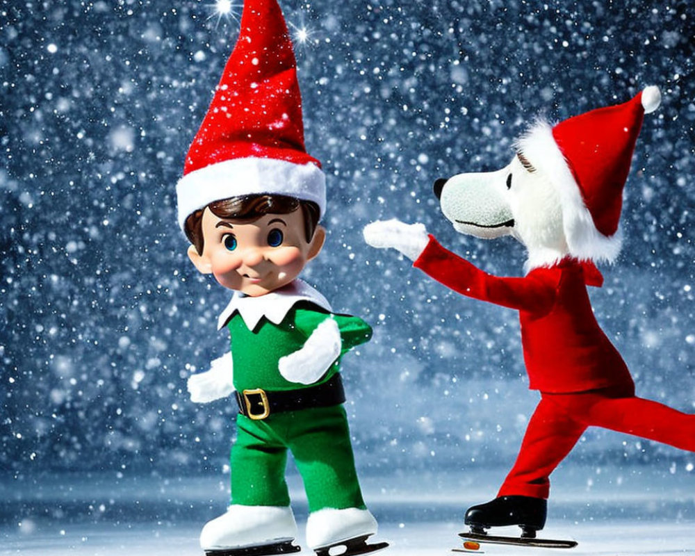 Christmas-themed animated characters ice skating in Santa hat and elf costume with falling snowflakes.