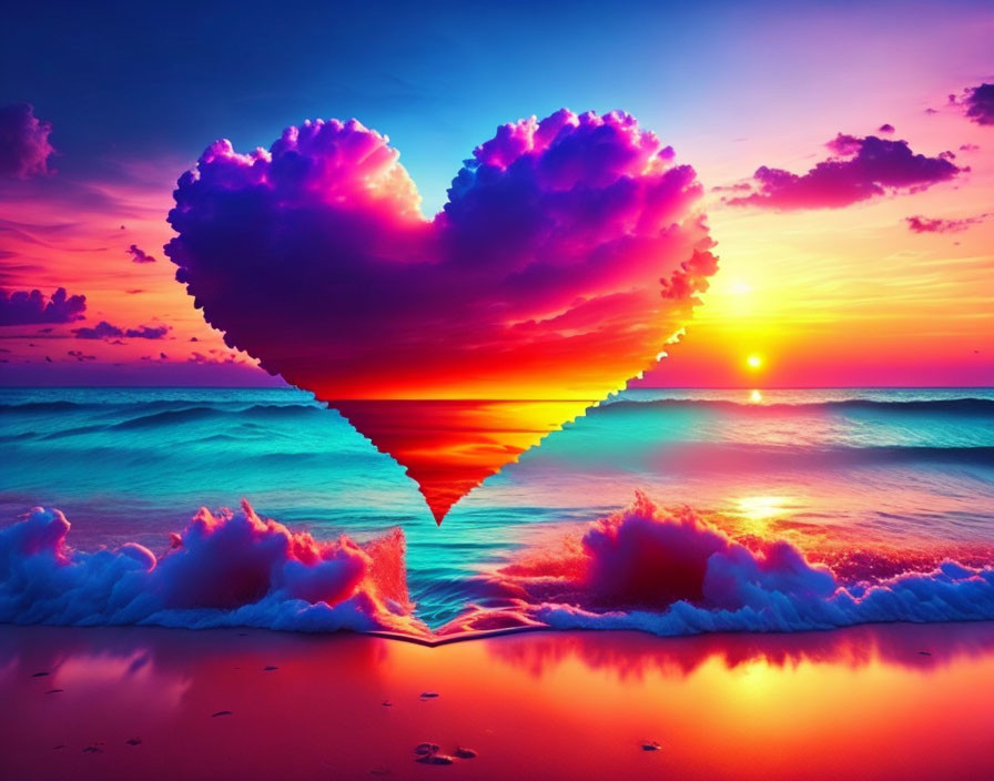 Heart-shaped cloud over serene beach at sunset with colorful sky