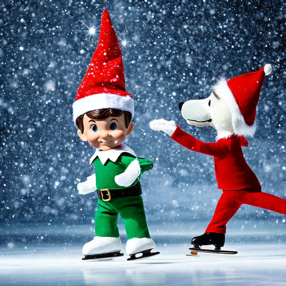 Christmas-themed animated characters ice skating in Santa hat and elf costume with falling snowflakes.