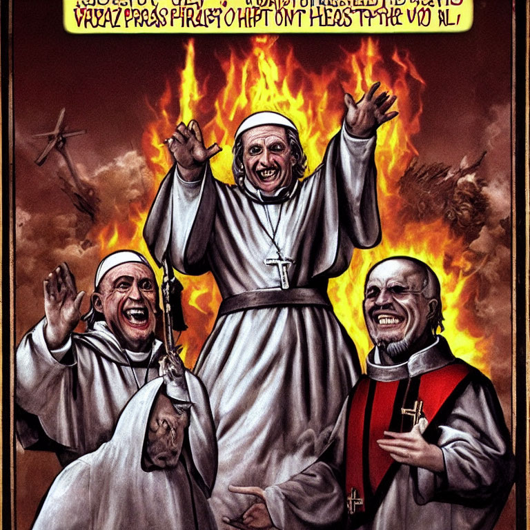 Three nuns in flames with exaggerated expressions and biblical symbols.