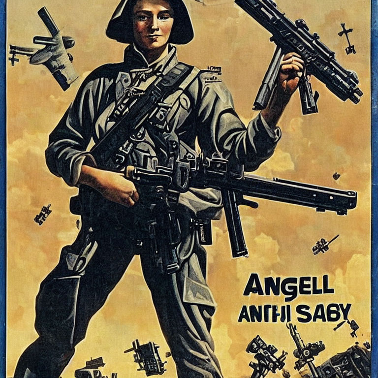 Vintage-Style Poster Featuring Soldier in Combat Gear with Military Rifles & Helicopters