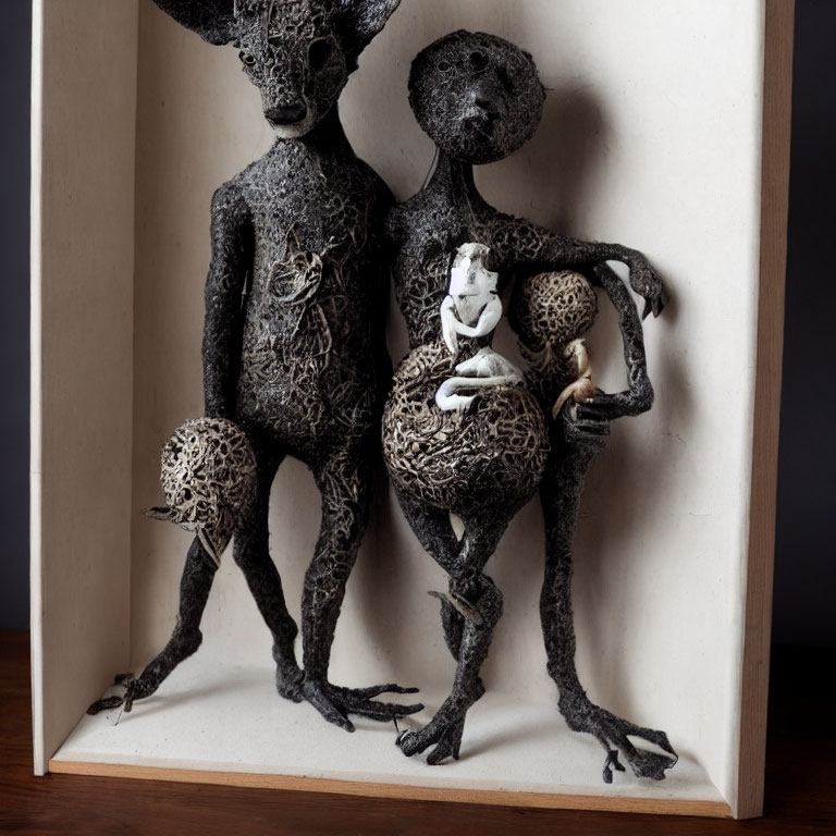 Sculpture featuring humanoid figures with animalistic features holding smaller figure, textured bodies, hollow patterns