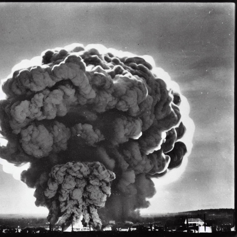 Monochrome image of mushroom cloud explosion aftermath