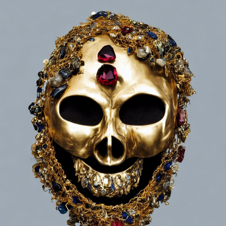 Intricately designed golden skull mask with gemstones on grey background