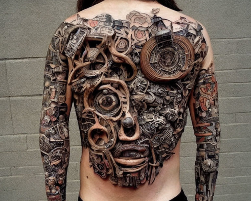 Intricate mechanical and abstract tattoos on person's back