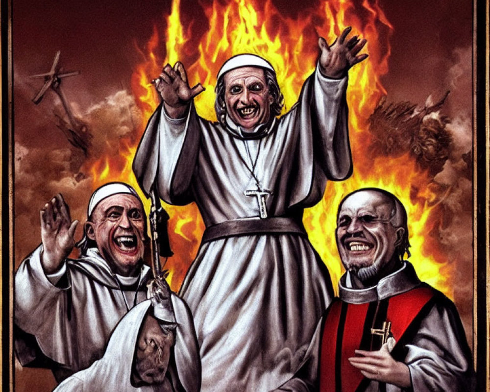 Three nuns in flames with exaggerated expressions and biblical symbols.